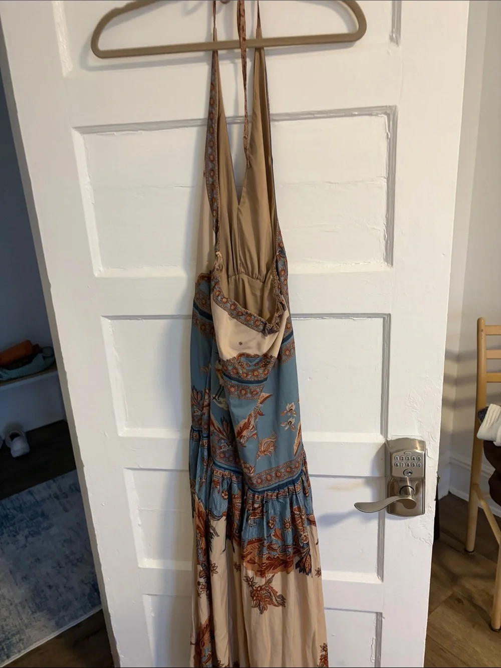 Boho Floral Halter Maxi Dress - Blue & Cream